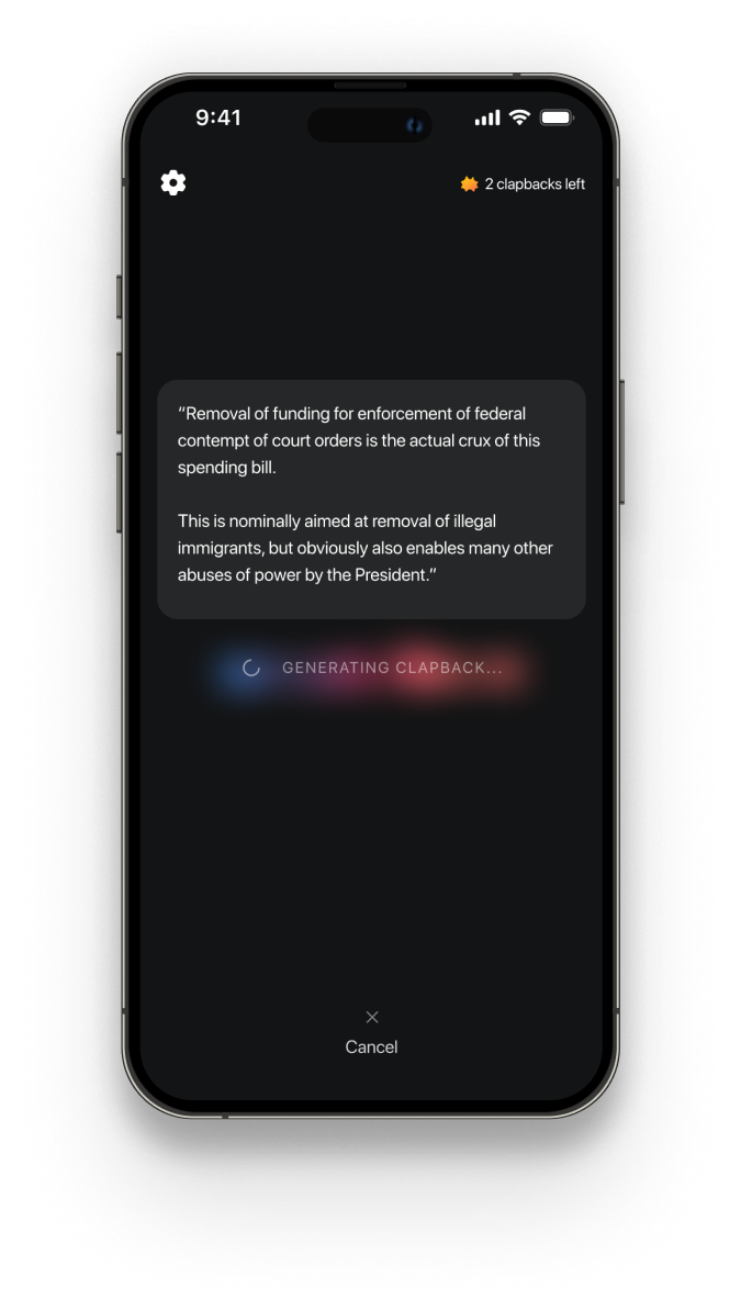 Clapback app interface showing AI debate assistant features