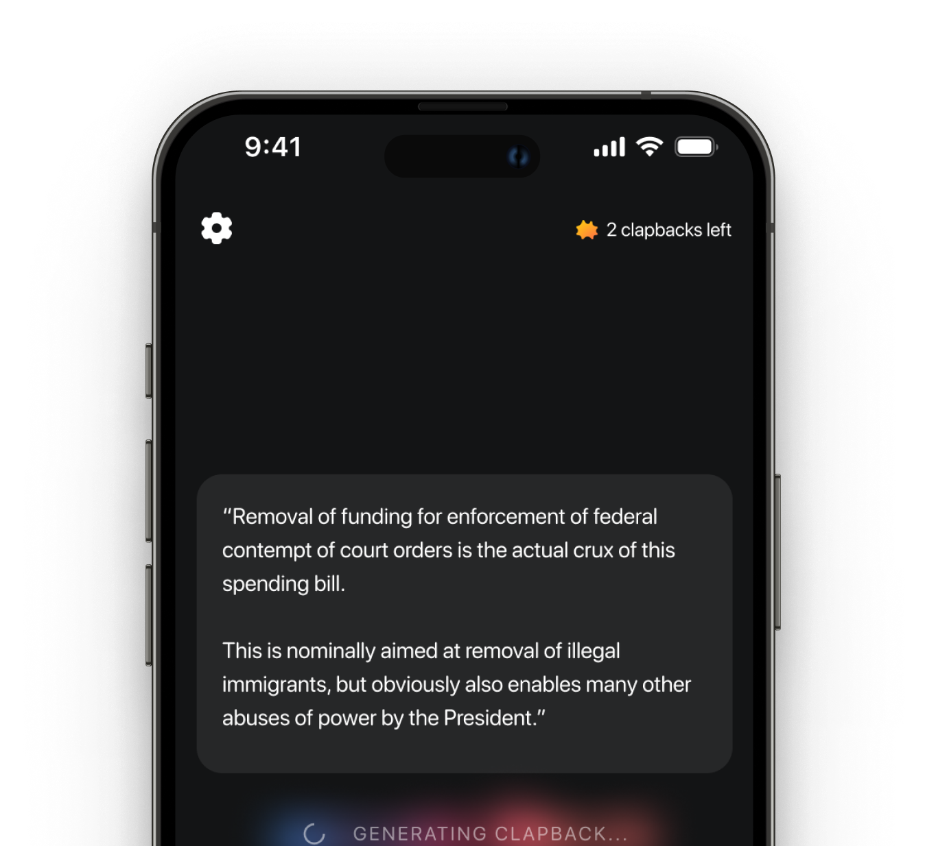 Clapback app interface showing AI debate assistant features